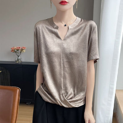 Notch Neck Textured Blouse with Short Sleeves