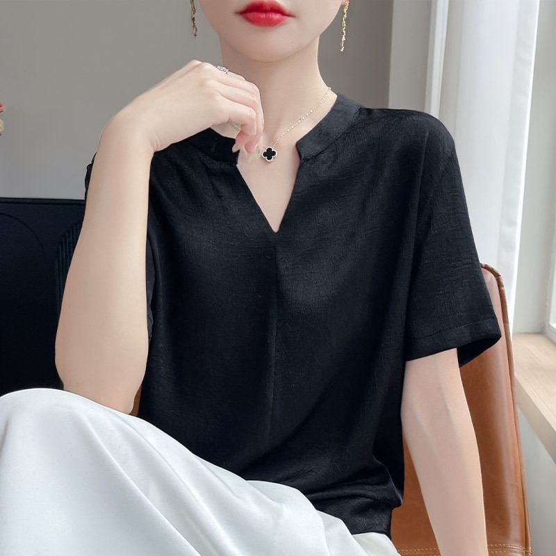 Notch Neck Textured Blouse with Short Sleeves