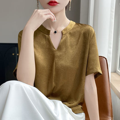 Notch Neck Textured Blouse with Short Sleeves