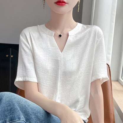 Notch Neck Textured Blouse with Short Sleeves