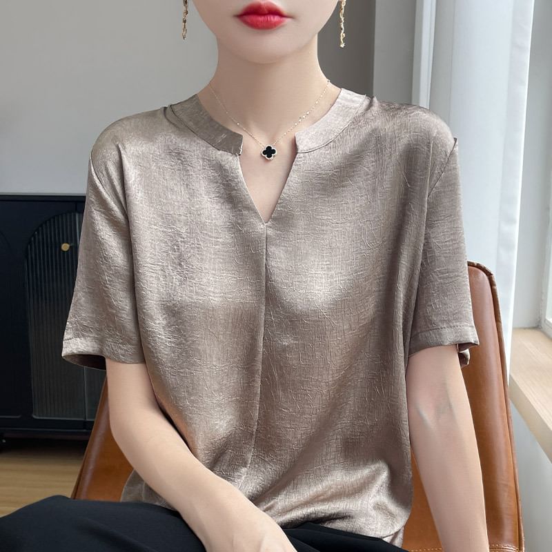 Notch Neck Textured Blouse with Short Sleeves