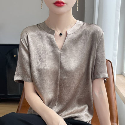 Notch Neck Textured Blouse with Short Sleeves