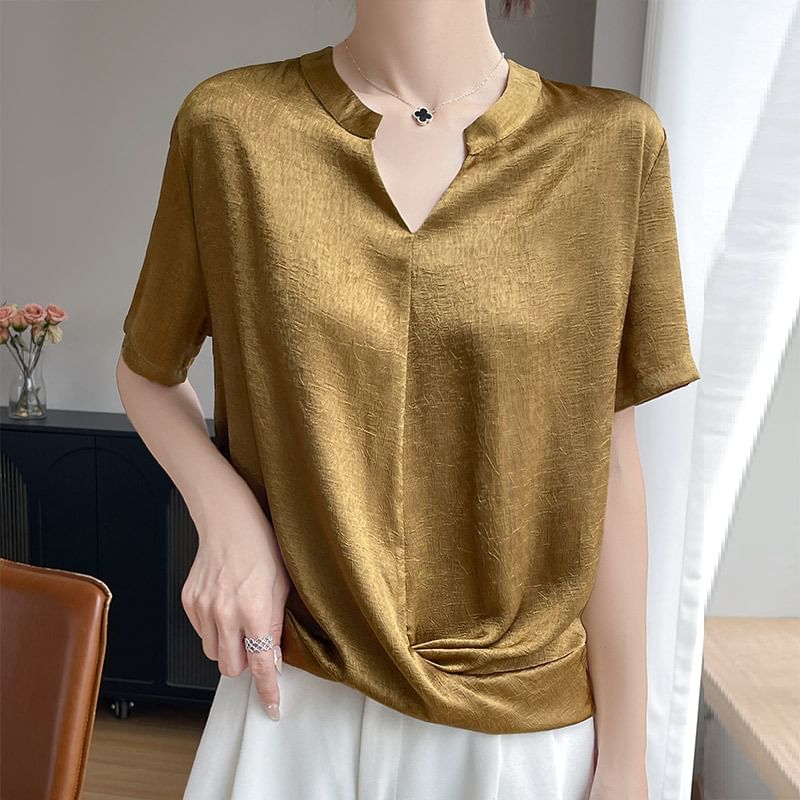 Notch Neck Textured Blouse with Short Sleeves