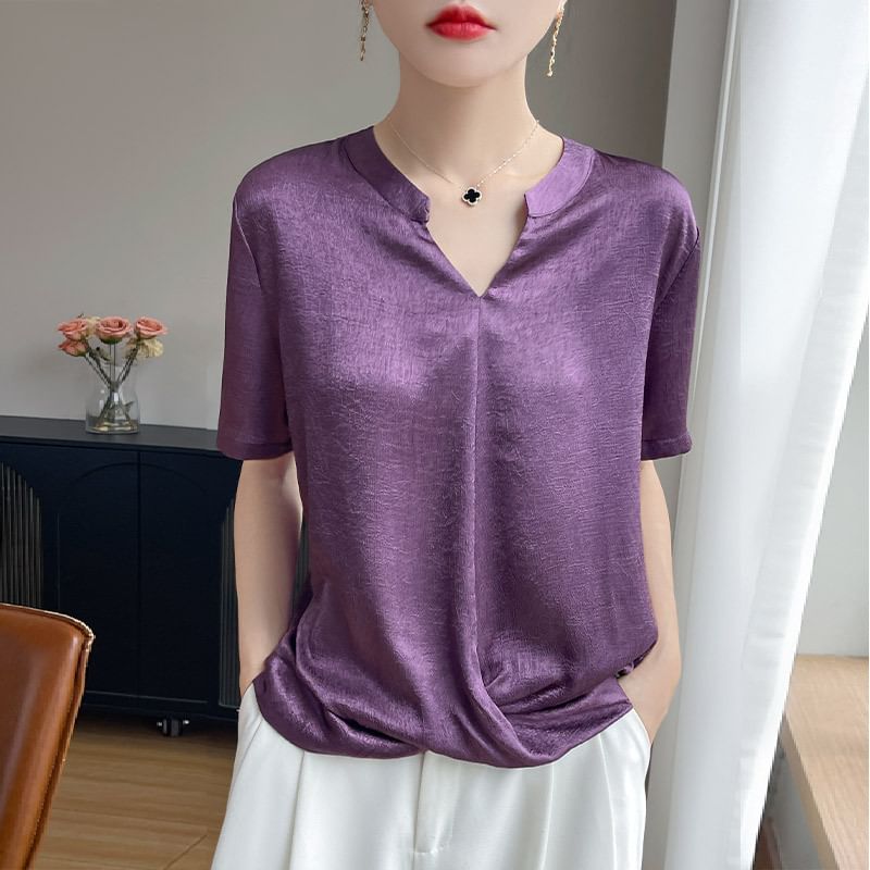 Notch Neck Textured Blouse with Short Sleeves