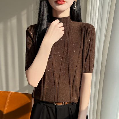 Mock Neck Sequined Knit Top with Short Sleeves