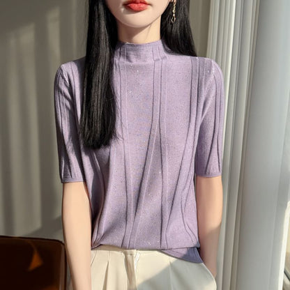 Mock Neck Sequined Knit Top with Short Sleeves