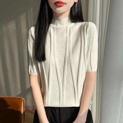 Mock Neck Sequined Knit Top with Short Sleeves