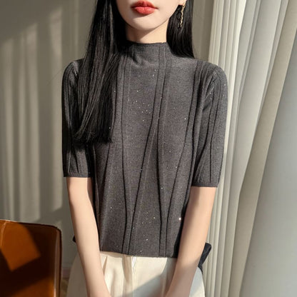 Mock Neck Sequined Knit Top with Short Sleeves