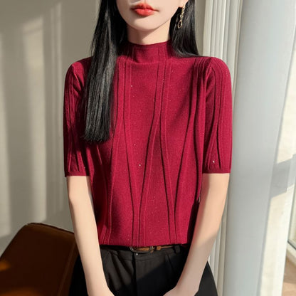 Mock Neck Sequined Knit Top with Short Sleeves