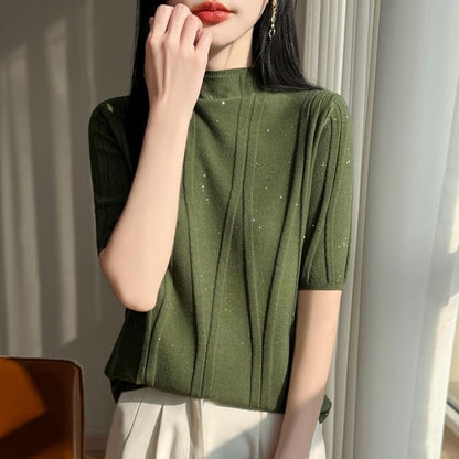 Mock Neck Sequined Knit Top with Short Sleeves