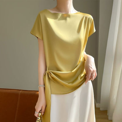 Boat Neck Tie Waist Short-Sleeve Top