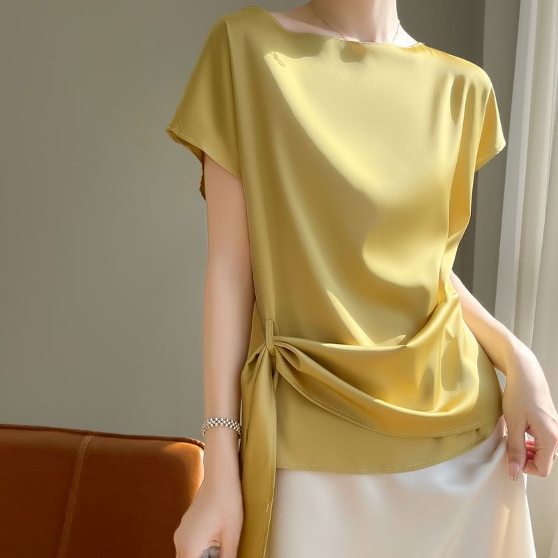 Boat Neck Tie Waist Short-Sleeve Top