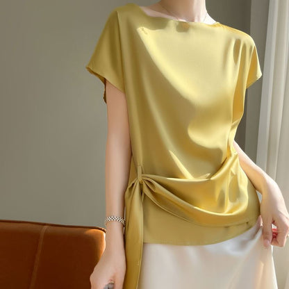 Boat Neck Tie Waist Short-Sleeve Top