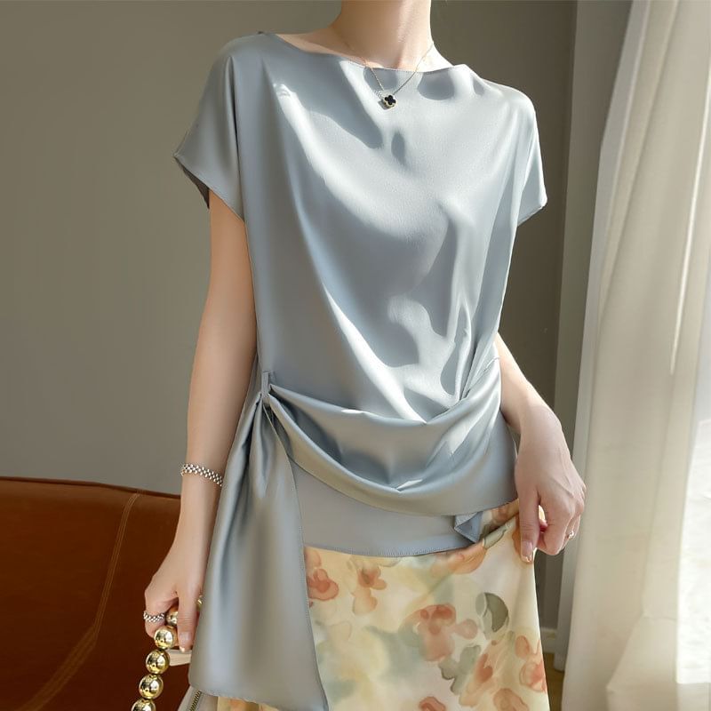 Boat Neck Tie Waist Short-Sleeve Top
