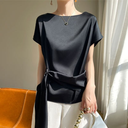 Boat Neck Tie Waist Short-Sleeve Top