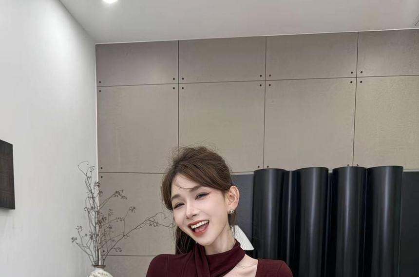 Asymmetric Neckline Long-Sleeve Top