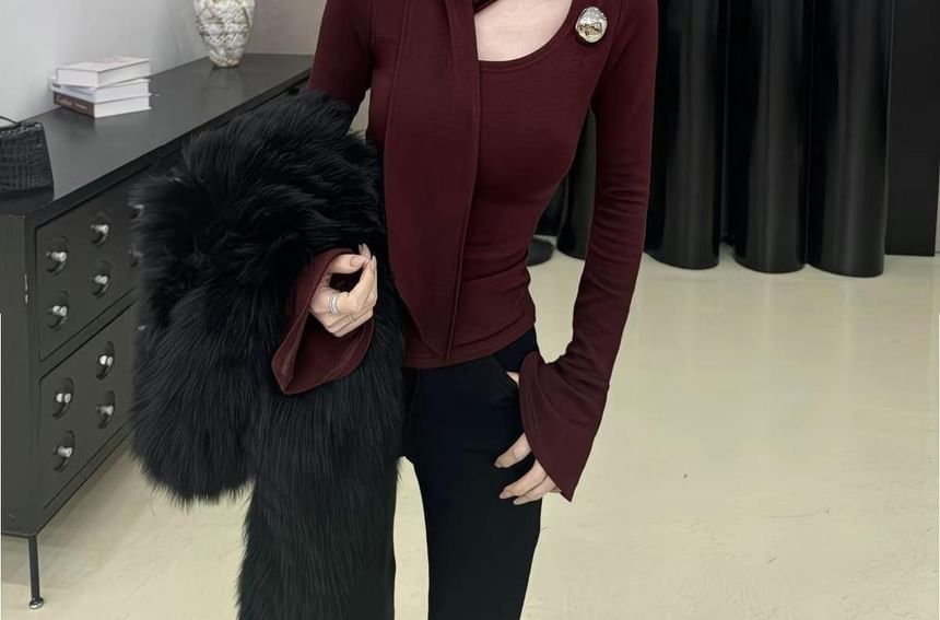 Asymmetric Neckline Long-Sleeve Top