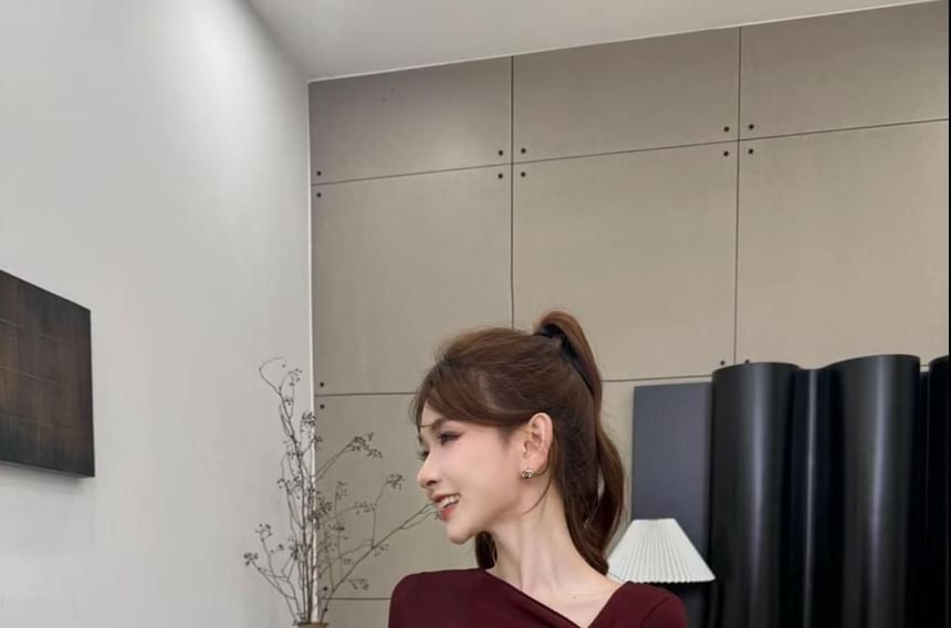 Asymmetric Neckline Long-Sleeve Top