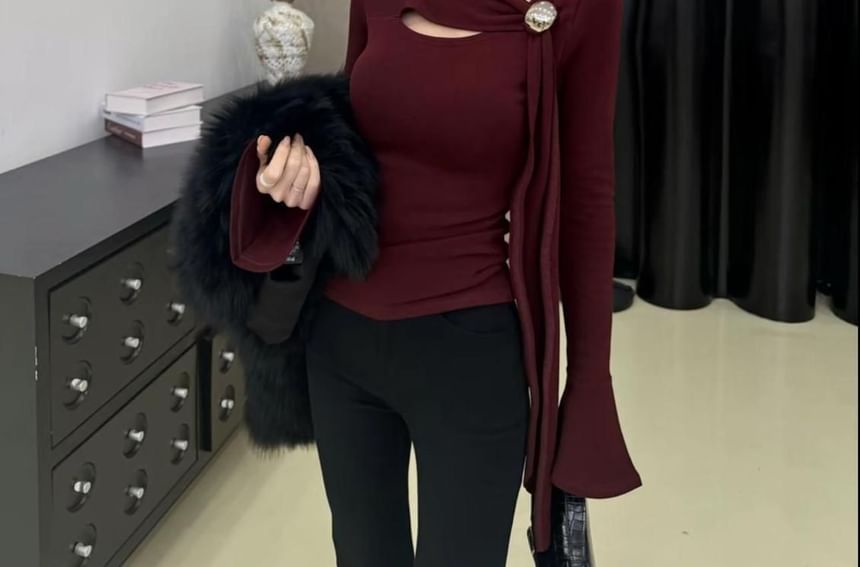 Asymmetric Neckline Long-Sleeve Top