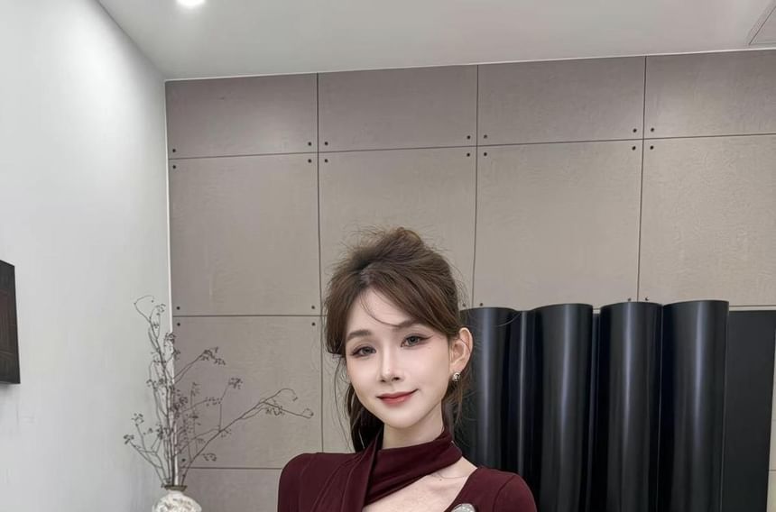 Asymmetric Neckline Long-Sleeve Top
