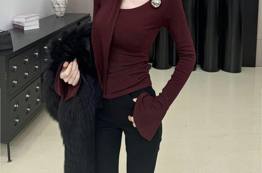 Asymmetric Neckline Long-Sleeve Top