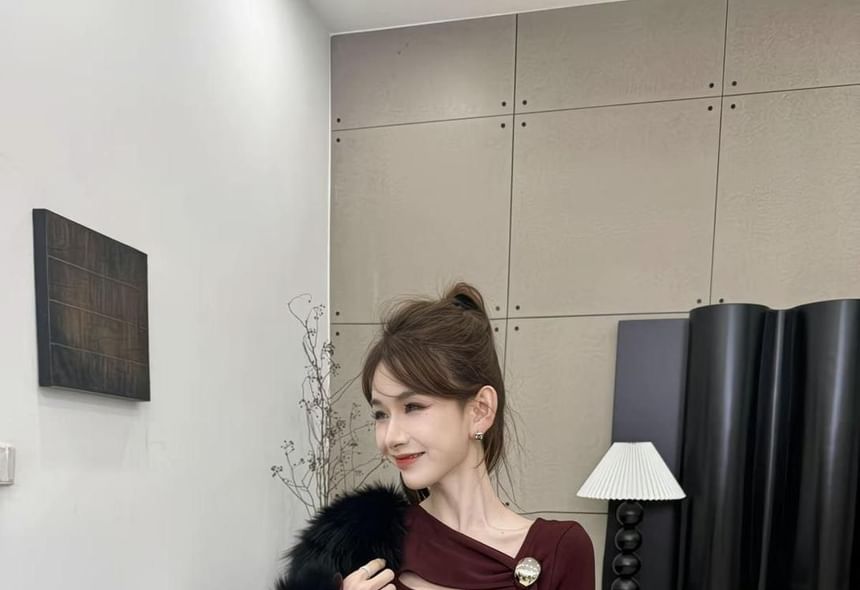 Asymmetric Neckline Long-Sleeve Top