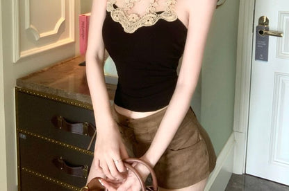 Halter Neck Lace Trim Plain Crop Top