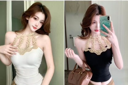 Halter Neck Lace Trim Plain Crop Top