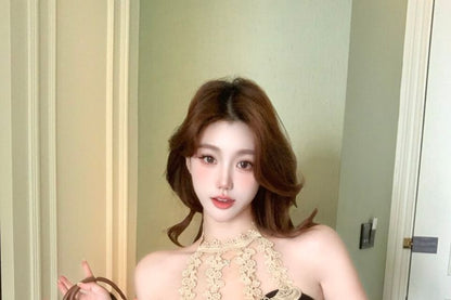 Halter Neck Lace Trim Plain Crop Top