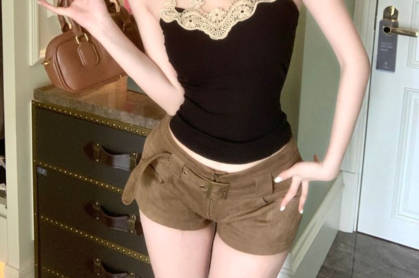Halter Neck Lace Trim Plain Crop Top