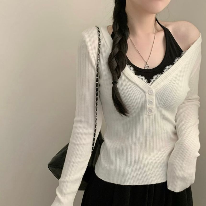 Long Sleeve V-Neck Lace Trim Button Ribbed Knit Top