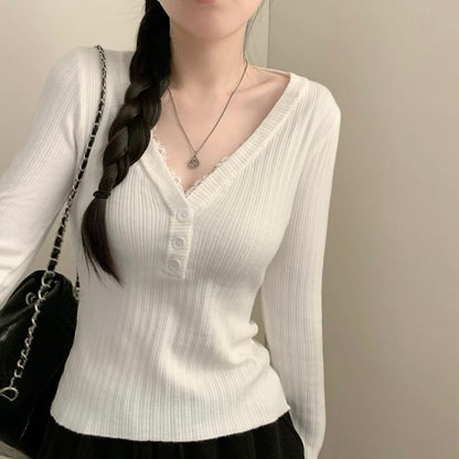 Long Sleeve V-Neck Lace Trim Button Ribbed Knit Top