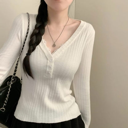 Long Sleeve V-Neck Lace Trim Button Ribbed Knit Top