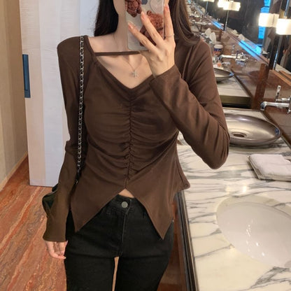V-Neck Ruched Slit Long-Sleeve Tee