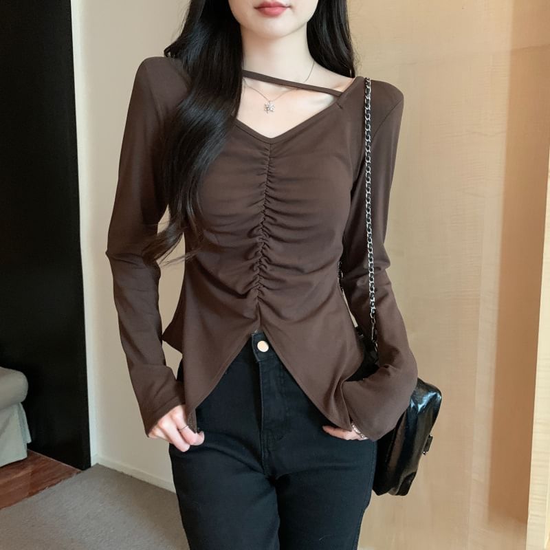V-Neck Ruched Slit Long-Sleeve Tee