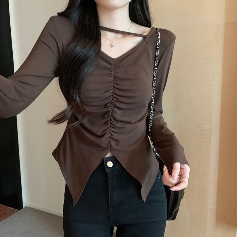 V-Neck Ruched Slit Long-Sleeve Tee