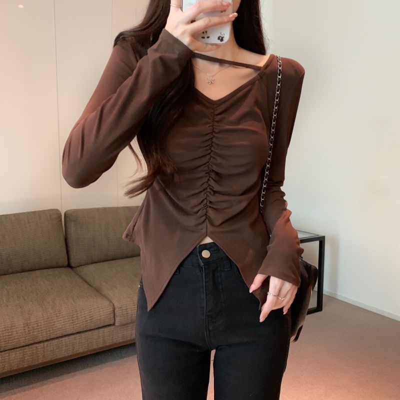 V-Neck Ruched Slit Long-Sleeve Tee