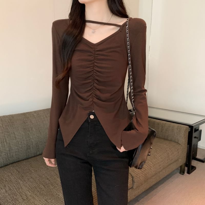 V-Neck Ruched Slit Long-Sleeve Tee
