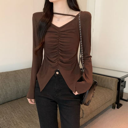 V-Neck Ruched Slit Long-Sleeve Tee