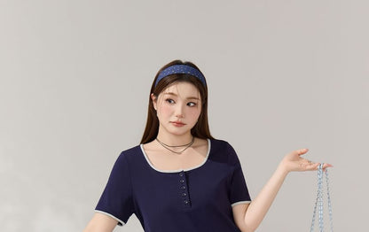 Square Neck Henley Contrast Trim Short-Sleeve Tee