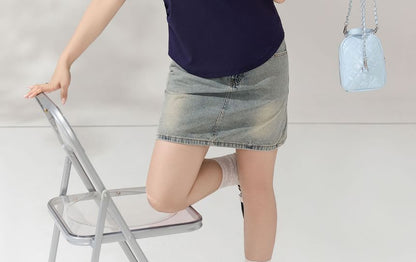 Square Neck Henley Contrast Trim Short-Sleeve Tee