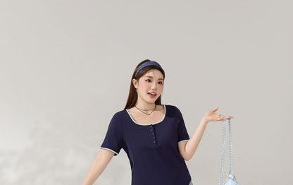 Square Neck Henley Contrast Trim Short-Sleeve Tee