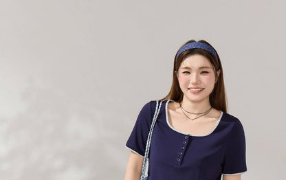 Square Neck Henley Contrast Trim Short-Sleeve Tee