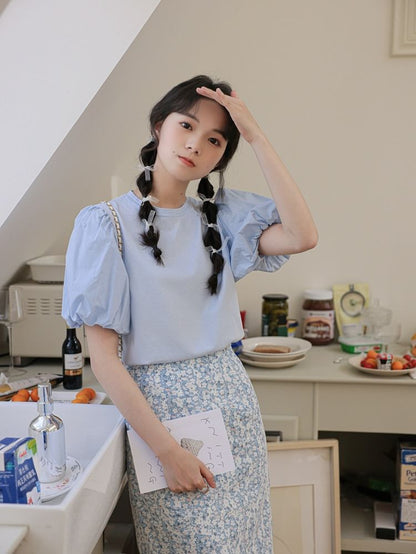 Puff-Sleeve Crew Neck Stylish Blouse
