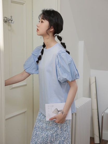 Puff-Sleeve Crew Neck Stylish Blouse