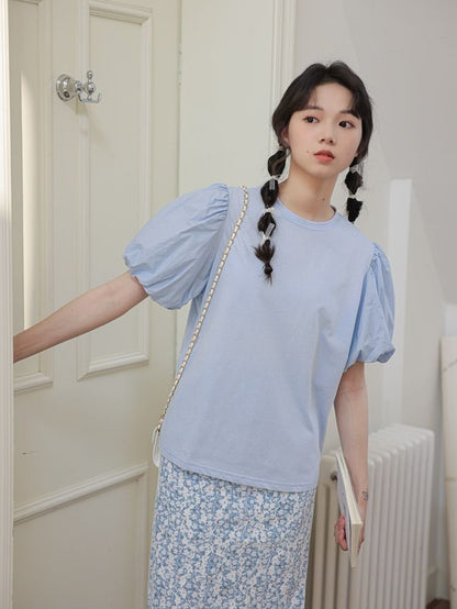 Puff-Sleeve Crew Neck Stylish Blouse