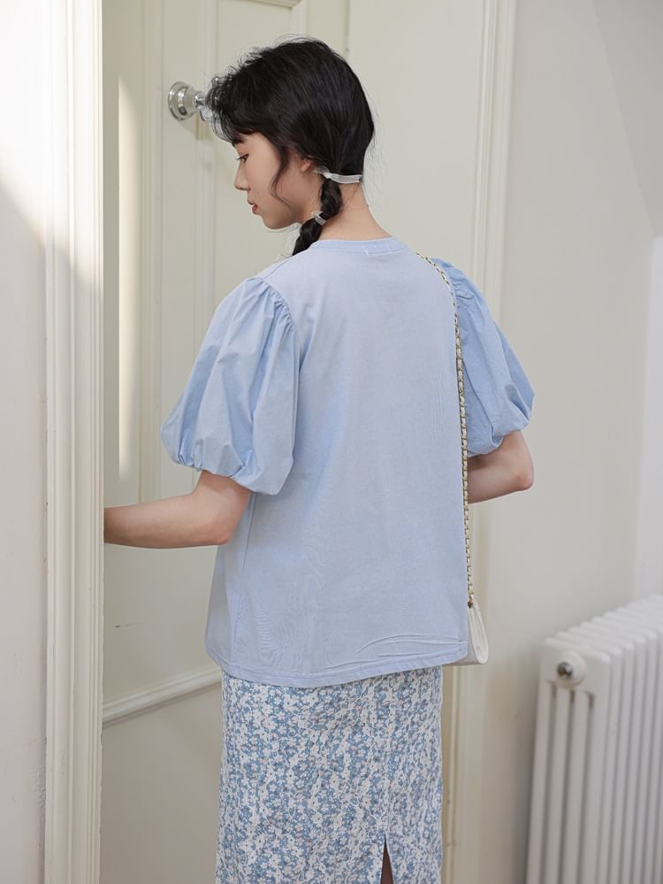 Puff-Sleeve Crew Neck Stylish Blouse