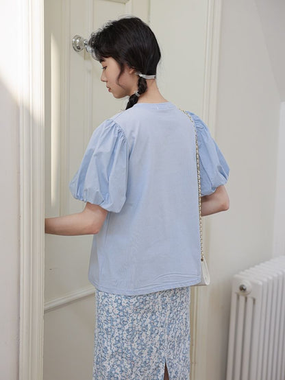Puff-Sleeve Crew Neck Stylish Blouse