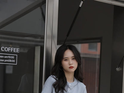 Half-Buttoned Short-Sleeve Crop Tee with Crew Neck