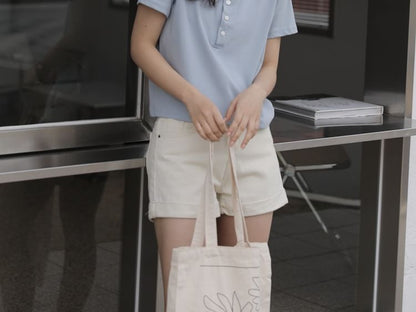 Half-Buttoned Short-Sleeve Crop Tee with Crew Neck